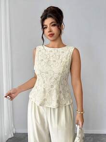 Elenzga Pailletten-Mesh-Patchwork-Ärmelloses figurbetontes Hemd + passende gerade Hose 2 Stücke Set, elegant für Ausgehen, Dates, Partys, Nachmittagstee in Große Größen - Aprikosenfarben - Übersicht 6