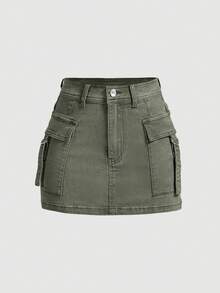 SHEIN MOD Plus Size Women's Cargo Pocket Casual Denim Mini Skirt Formal Sage Green Summer - Green - View 1