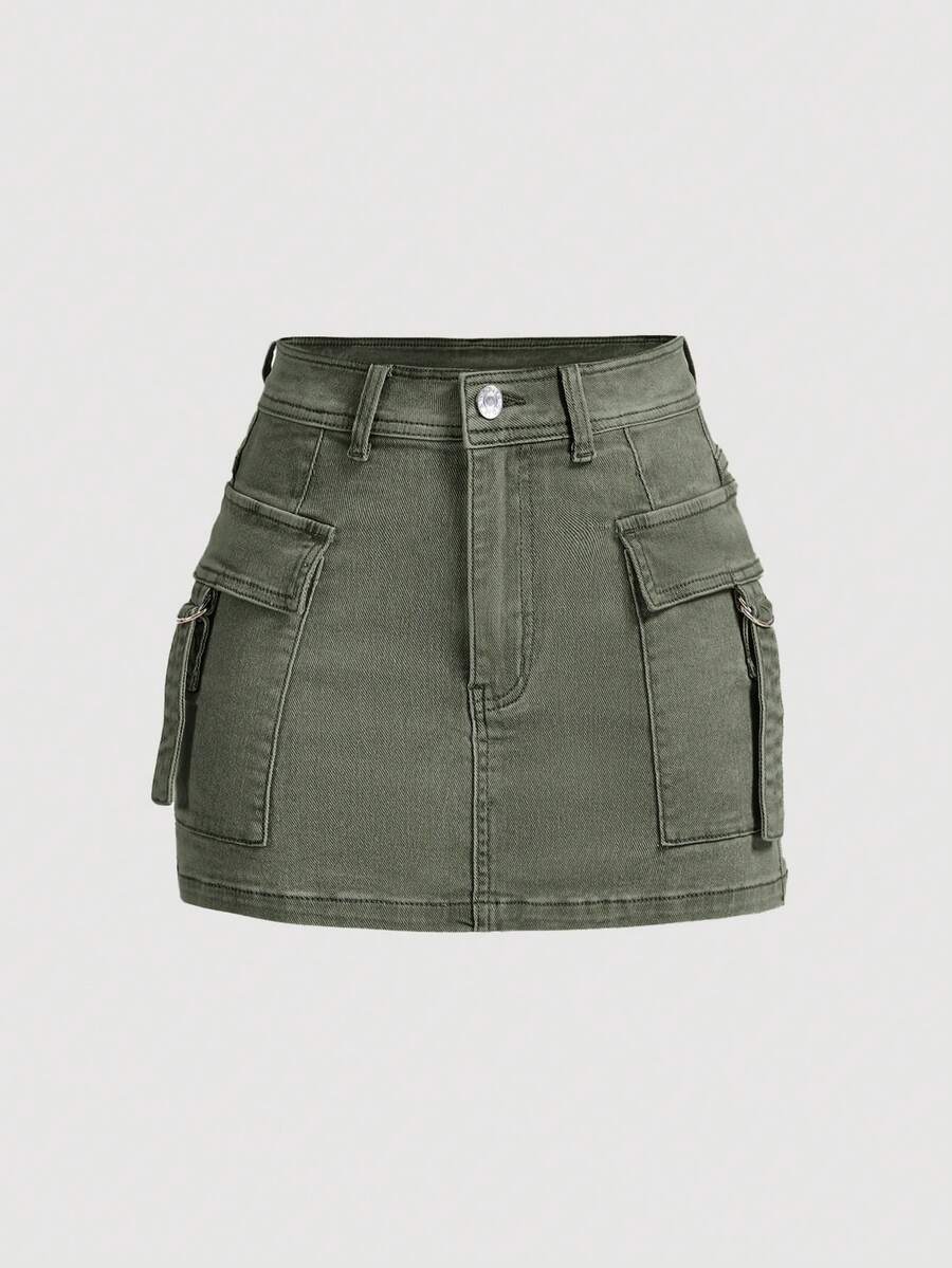 SHEIN MOD Plus Size Women's Cargo Pocket Casual Denim Mini Skirt Formal Sage Green Summer - Green - View 1