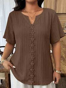 Weeklong Blusa holgada de manga corta con volantes y parches florales para mujer talla grande, primavera/verano - Marrón - Ver 3