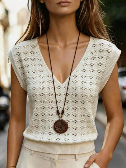 SHEIN This White, Openwork Patterned Women's Top Is Stylish, Simple, Elegant, And Versatile. It's Suitable For Women's Commuting, Business Office Wear, Casual Wear, Holiday Wear, And Spring/Summer Outfits. It's A Short-Sleeved, V-Neck, Cropped Pullover Knit Top.