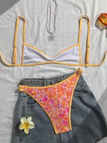 Swim Mod 女款細肩帶橘色花卉印花性感海灘度假泳衣套裝 - 粉色 - 查看 2