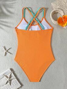 Traje de baño de una pieza con bloques de color para adolescentes, adecuado para vacaciones en la playa, fiestas en la piscina, fiestas en la playa - Naranja - Ver 2