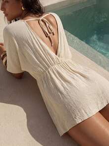 SHEIN Swim Chicsea 26SS 春夏度假优雅V领吊带连衣裙罩衫（女款） - 白色 - 查看 2