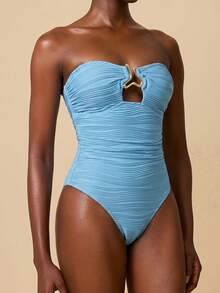 SHEIN Swim Chicsea 女士特殊面料纹理面料度假精致优雅不对称金属配饰波浪条纹连体衣 - 藍色 - 查看 4