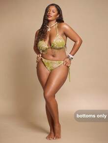SHEIN BAE CURVE 夏季海灘度假泳裝 大尺碼女款綠色性感亮片比基尼泳褲 海灘風 - 綠色 - 查看 3