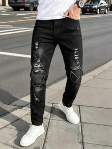 Manfinity LEGND Jeans ajustados de algodón rasgados para hombres, corte slim fit, con efecto desgastado, de color negro liso, para salir con amigos, estilo grunge y rock and roll - Negro - Ver 5