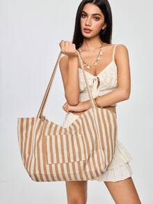 ROMWE Fairycore Túi Tote Sọc Hàn Quốc Cổ Điển Sang Trọng, Túi Đeo Vai Vải Canvas Dung Tích Lớn Thường Ngày Cho Nữ Thích Hợp Cho Du Lịch Và Nghỉ Lễ - Màu Khaki - Xem 5