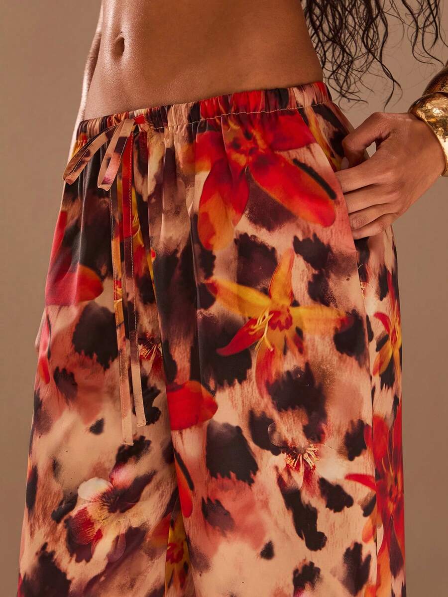 Opulessa Women's Floral Print Drawstring Waist Pockets Casual Pants - Brown - View 1