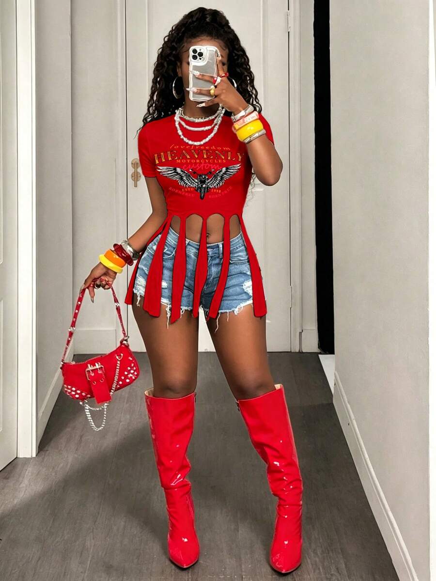BamGleam Motorcycle Letter Print Cropped T-Shirt With Wing Hem Tassel - Red - View 1