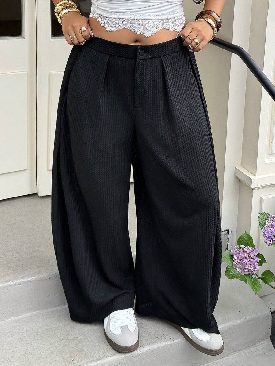 Muchica Plus Size Pants For Women, Black Summer Smart Casual Everyday Wide Leg Trousers For Daily Commute Formal Holiday, Business, Party, Wedding - Black - View 1