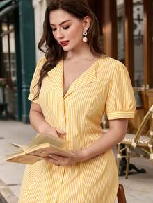 Velvienne Đầm dài đến đầu gối màu vàng sọc, kiểu Pháp cổ điển thanh lịch, tay áo cánh hoa, thắt eo, dành cho nữ, cỡ lớn, chất liệu dệt, dáng suông, thích hợp cho mùa hè. - Màu vàng - Xem 4