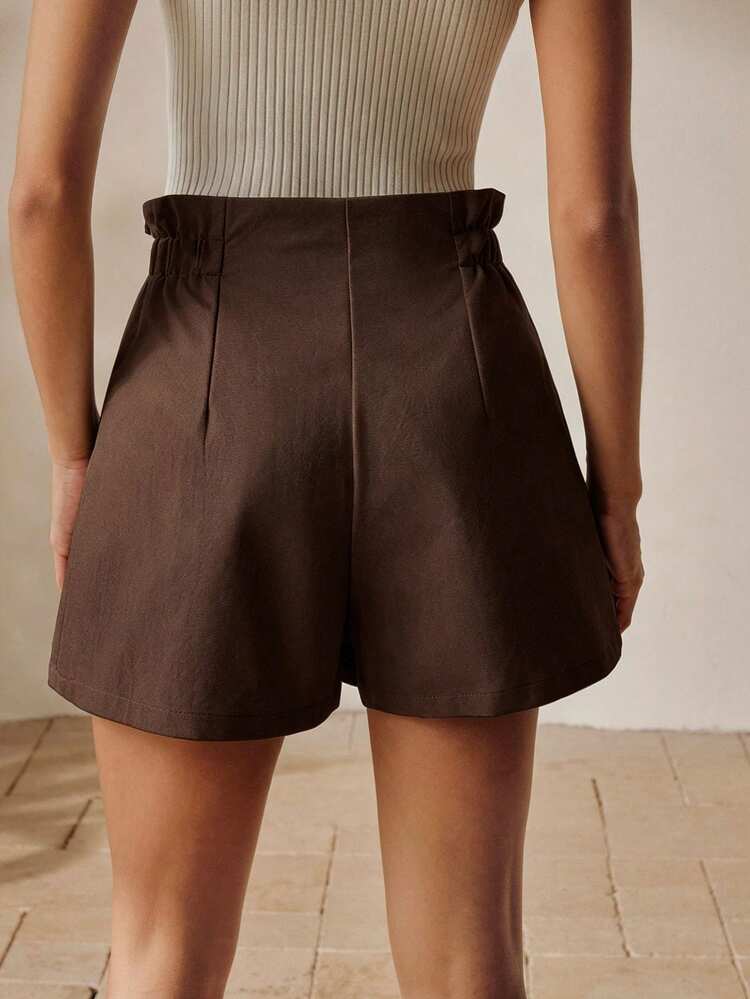 Women's Summer Outfits Fashionable Modern High-Waist Asymmetric Inverted Pleat Brown Shorts, Suitable For Outings, Work, Daily Wear