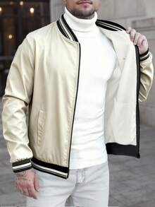 Manfinity CasualCool Men's Striped Long Sleeve Zip-Up Casual Baseball Jacket - Apricot - View 6