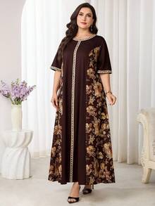 Al Najma Damen Große Größen Kleid mit Blume Muster, Rundhalsausschnitt, Kurzarm, im arabischen Stil - Verschiedenfarbig - Übersicht 8