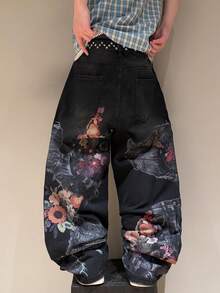 STEELVANCE Quần jeans ống đứng dáng rộng, in họa tiết râu mèo cổ điển, phong cách đường phố thời thượng. - màu đen - Xem 5