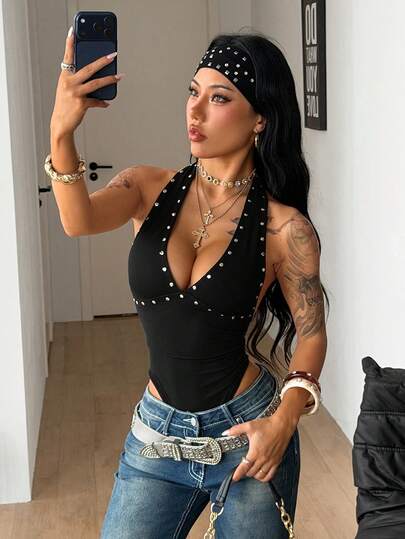 Coolane Women's Summer Streetwear Rave Outfit Party Hippie Punk Y2K Rivet Stretchy Black Halter Bodysuit Summer Outfit For Women