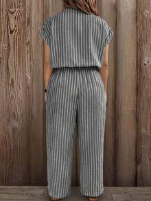 EMERY ROSE Large-Sized Woven Striped Vacation Casual Women's Jumpsuit - Light Grey - View 2