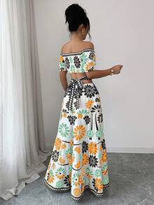 Elenzga Women's Summer Vacation Floral Print Off-Shoulder Hollow Out Dress - Pale Yellow - View 2