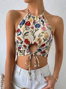 Breezaya Áo croptop nữ mùa hè họa tiết da báo khoét lỗ, buộc dây, in hình báo đốm, áo thun nữ. - Nhiều màu - Xem 5
