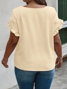 EMERY ROSE Plus Size Women Textured Vacation Ruffle Sleeve Round Neck Blouse - Light Yellow - View 2