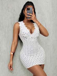 Eryvara Đầm không tay cổ chữ V đính họa tiết thời trang nữ - trắng - Xem 1