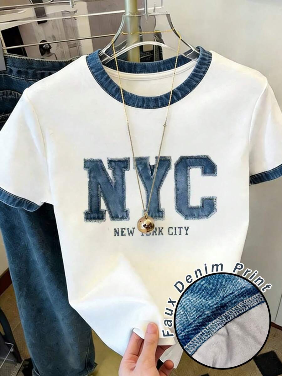 Resyla 大尺碼女款 NYC 字母 NEW YORK CITY 印花白色 T-Shirt,拼接牛仔效果休閒夏季上衣,藍白配色,校園開學時尚禮物 - 白色 - 查看 1