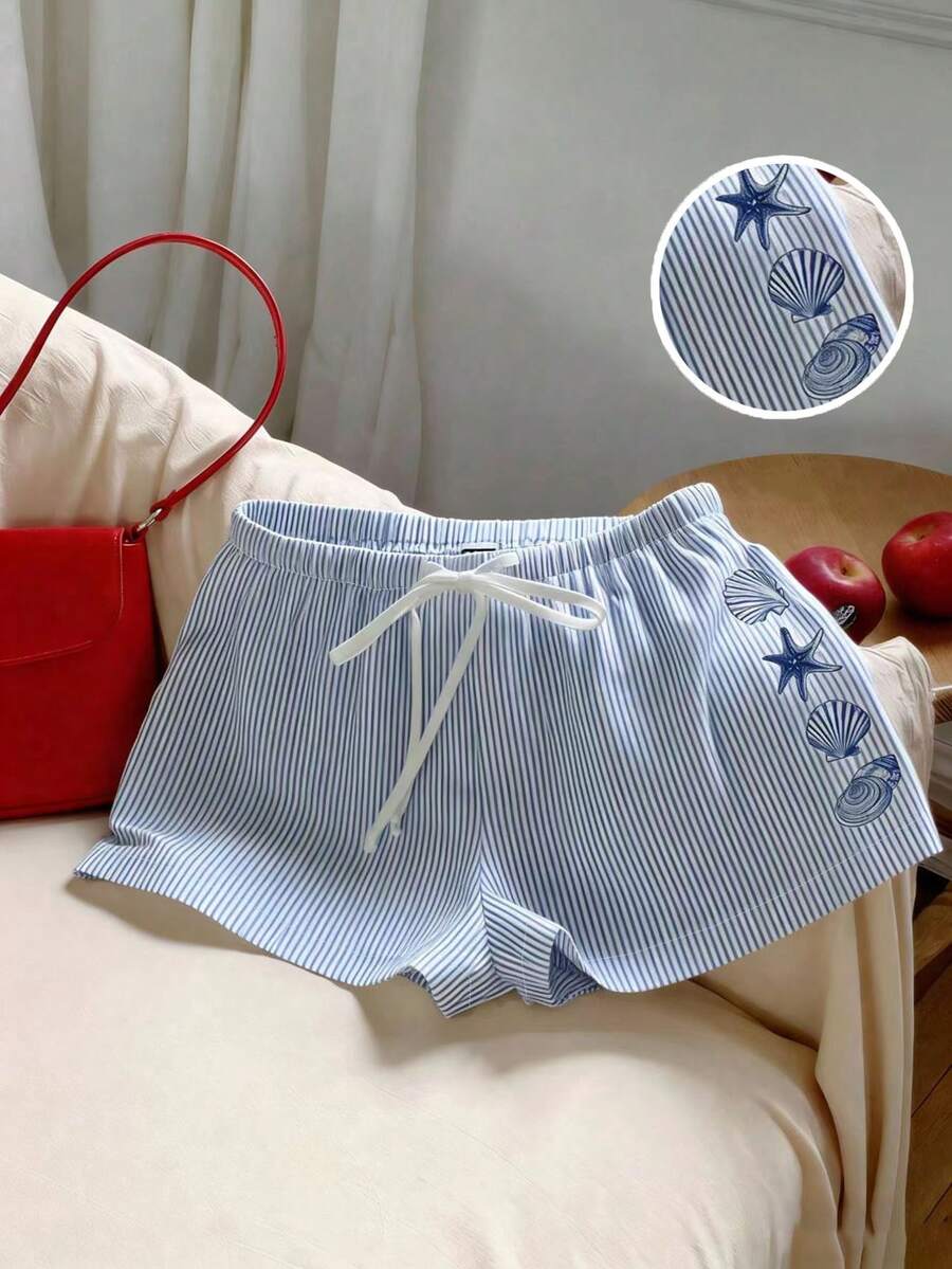 Trelyra Quần short nữ dáng rộng, cạp chun, kẻ sọc, kiểu dáng thường ngày. - Màu xanh lam - Xem 1