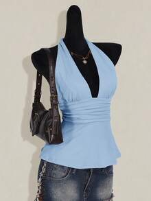 SHEIN ICON Halloween Women's Halter Backless Black Babydoll Tank Top,Summer Top - Baby Blue - View 5