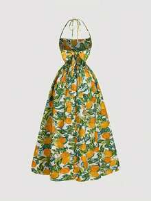 Skyraze Backless Bow-Tie Lemon Print Dress - Multicolor - View 2