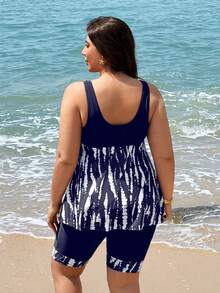 Swim Lushoire 2026 Nouvel ensemble de maillot de bain tankini deux pièces pour femmes grande taille, tankinis dos nu avec jupe, patchwork noir unicolore et imprimé numérique, convient pour la plage, les fêtes, les vacances - Bleu marine - Voir 2