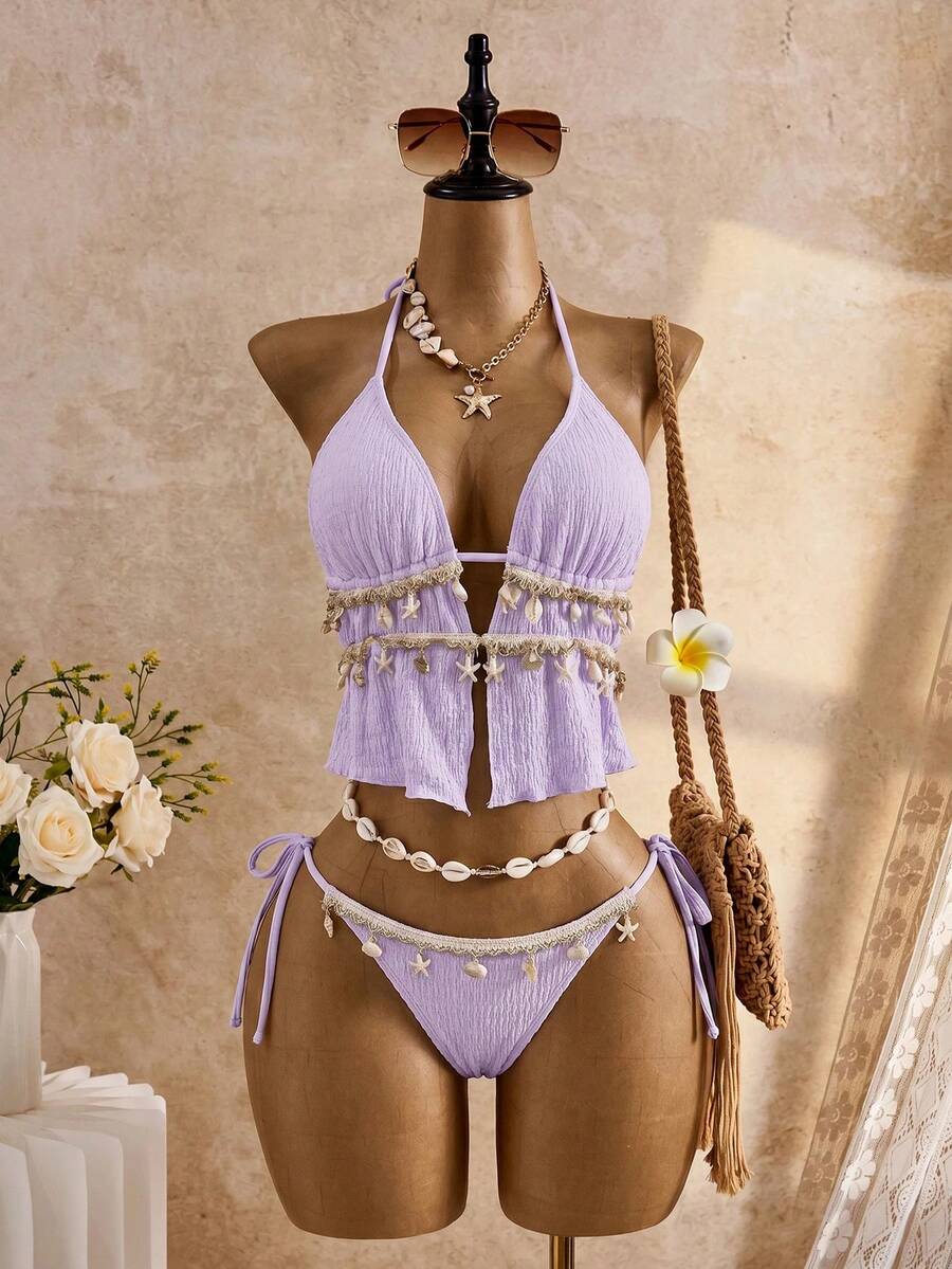 Bellisia 26SS 春夏沙滩度假纹理提花贝壳吊带泳衣套装 - 彩色 - 查看 1