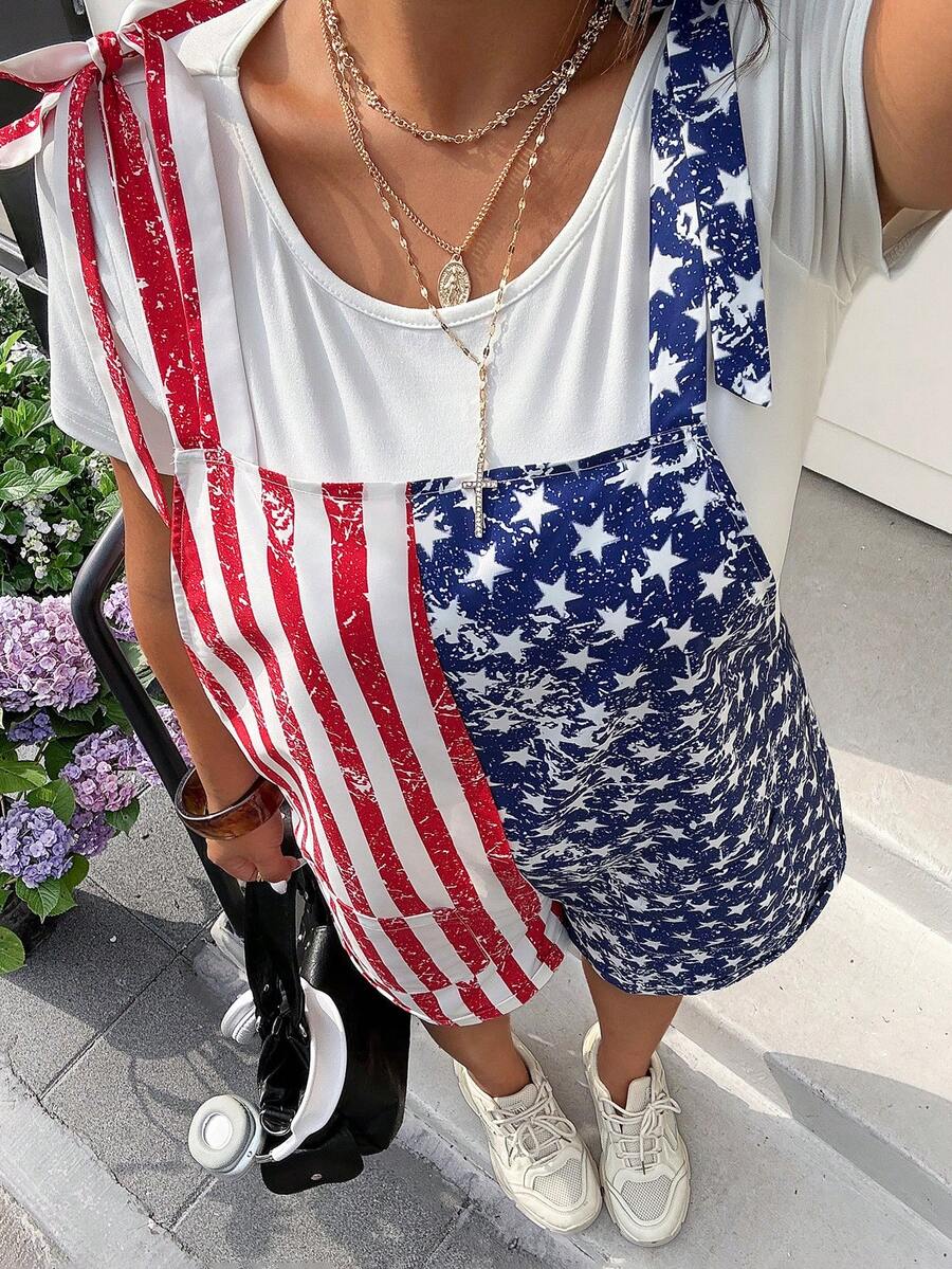 Muchica Plus Size Women's American Flag Print Pocket Romper - Multicolor - View 1