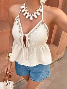 Flora Isola Flora Isola Women's Summer Casual Vacation Shell Tassel Decor V-Neck Camisole - Khaki - View 1