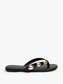 Grefit Ladies Elegant Summer Black PU Face Flat Bottom Angle Slippers - Black - View 1