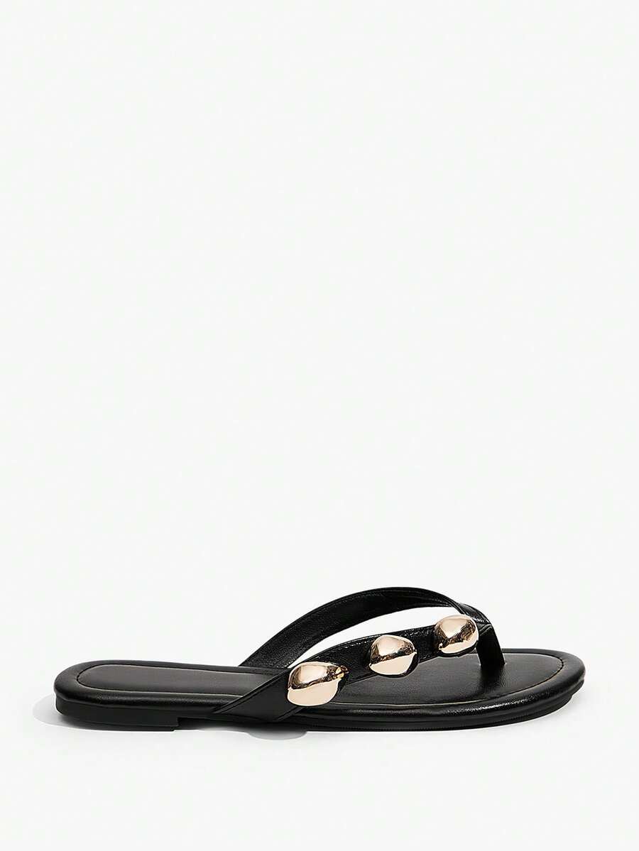Grefit Ladies Elegant Summer Black PU Face Flat Bottom Angle Slippers - Black - View 1