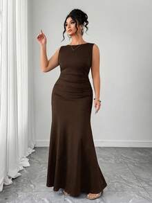 Elenzga Women's Elegant Sleeveless Round Neck A-Line Dress, Waist Ruched Design, Solid Knit Fabric - Coffee Brown - View 5
