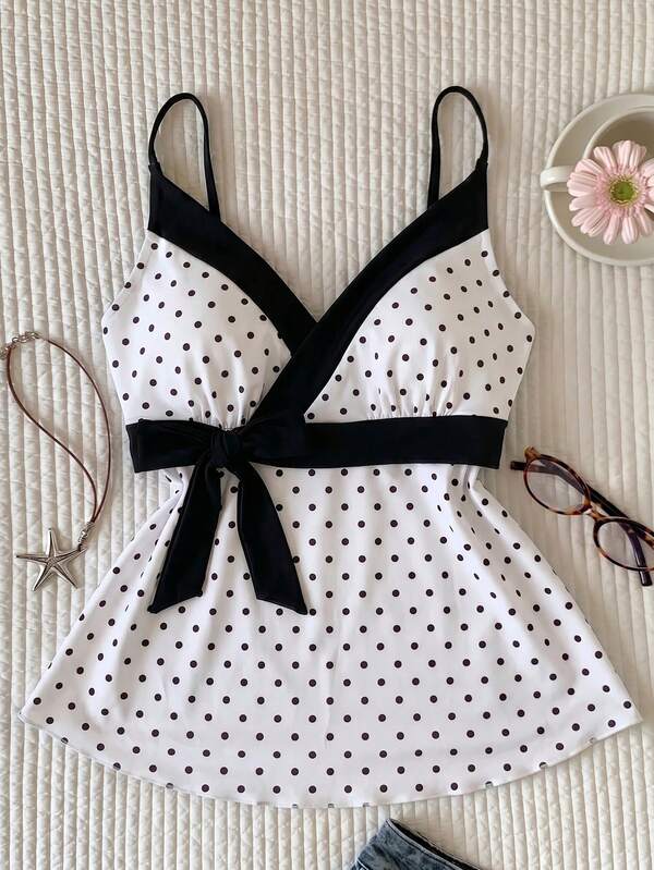 Comfortcana Women's Casual White Polka Dot Print Tie Strap Camisole Tank Top, Summer Blouse