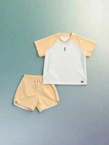 SUMWON Boxy Fit Raglan Sleeve T-Shirt And Shorts Co-Ord Set With Contrast Color Block Design For Casual Summer Wear - Yellow - View 1