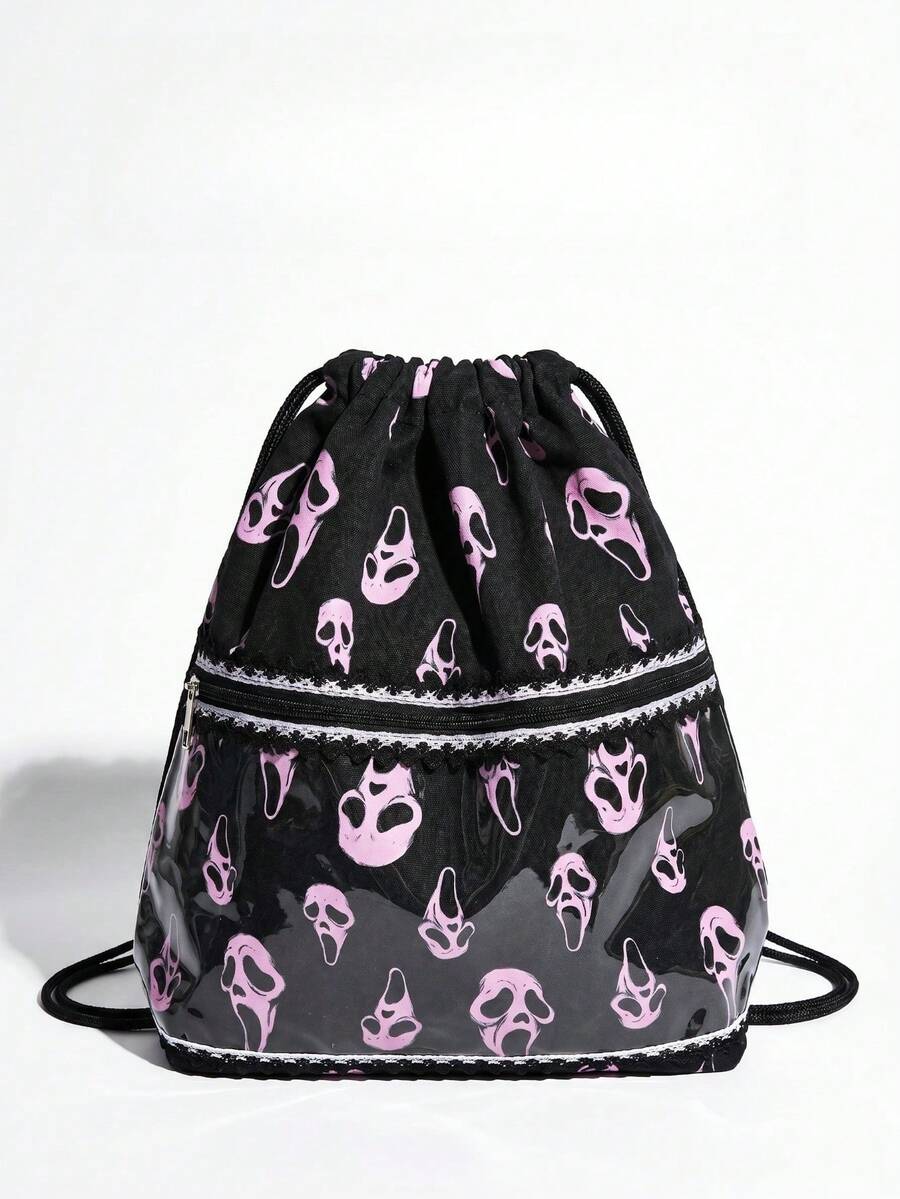 ROMWE Tas Serut Grimace Horor Y2K - Ransel Saku Bermotif Renda Warna Pink Gothic untuk Sekolah, Komuter, Halloween, dan Penggunaan Sehari-hari - Ringis merah muda - View 1