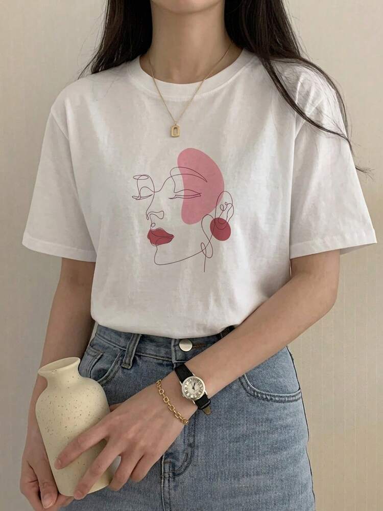 Round Neck Printed Loose T-Shirt For Women