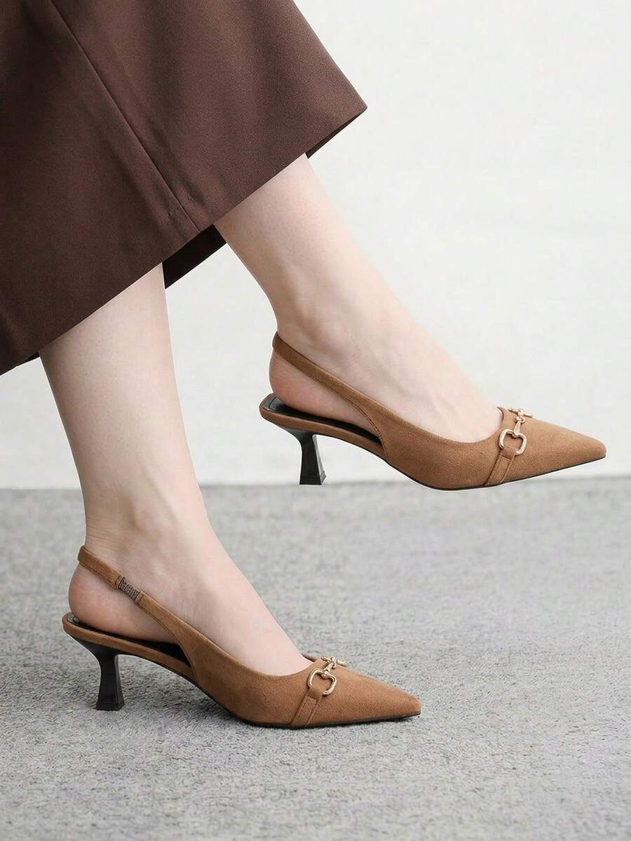 CUCCOO BIZCHIC Women Shoes Spring Summer Metal Buckle Pointed Heel Suede Back Strap Solid Color Women's High Heel Shoes Daily Commuter Dating Versatile - Brown A - View 1
