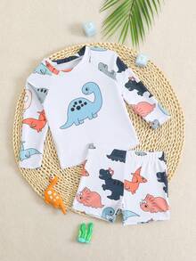 SHEIN Setelan 2 Potong Motif Liburan Tropis untuk Bayi/Balita Laki-laki - Atasan Lengan Pendek + Celana Pendek, Cocok untuk Liburan dan Bermain di Kolam Renang - MultiWarna - View 3