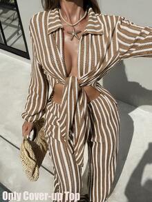 Áo khoác ngoài dáng kimono cổ bẻ màu xanh trắng kẻ sọc jacquard dành cho nữ, thương hiệu Swim SXY-D, thích hợp cho mùa xuân/hè, chất liệu vải jacquard. - Nhiều màu - Xem 1