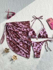 Swim Mod 3件套女士夏季随机印花吊带沙滩裙，复古度假比基尼套装 - 彩色 - 查看 2