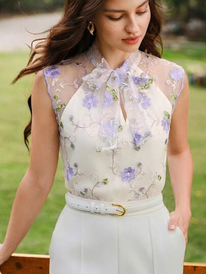 Vintamour Vintage Elegant Women Shirt Vest Floral Embroidery Chiffon Bow Tie Casual Holiday Top Summer Tops Summer Clothes Summer Outfits For Women Festival Outfits For Women Festival Outfit Women Going Out Tops For Women Going Out Outfits Elegant Women's Blouses Casual Blouses For Women Vacation Outfits Women Holiday Outfits For Women Summer Holiday Outfits Country Concert Outfit Country Style For Women Women's Country Clothing Female Country Look White Top