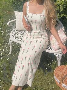 SHEIN MOD 大码女士浪漫郁金香印花中长连衣裙，婚纱，情人节连衣裙，约会连衣裙，春夏连衣裙，度假连衣裙 - 彩色 - 查看 6