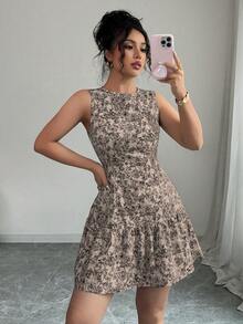 Elenzga Bohemian Style Elegant Floral Print Sleeveless Belted Mini Dress, Suitable For Graduation Season, Festivals And Summer Wear, Spring/Summer - Multicolor - View 3