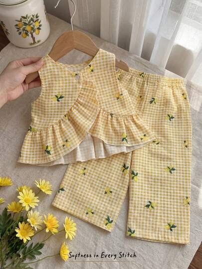 Cozy Pixies Conjunto de 2 piezas para bebé niña/niña pequeña: Top sin mangas a cuadros y con estampado floral diminuto, y leggings
