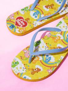 SHEIN X Care Bears 女款可愛卡通夾腳拖鞋，夏季穿著卡通彩虹印花防滑度假沙灘涼鞋 - 亮黃色 - 查看 4